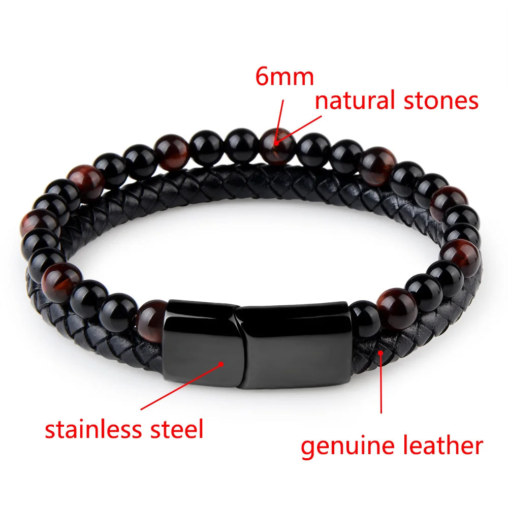 Natural Stone Genuine Leather Braided Band