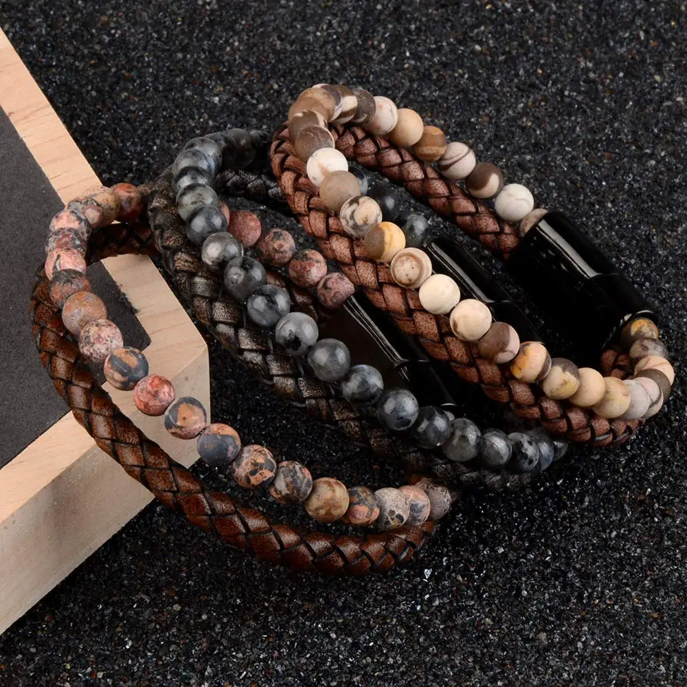 Natural Stone Genuine Leather Braided Band